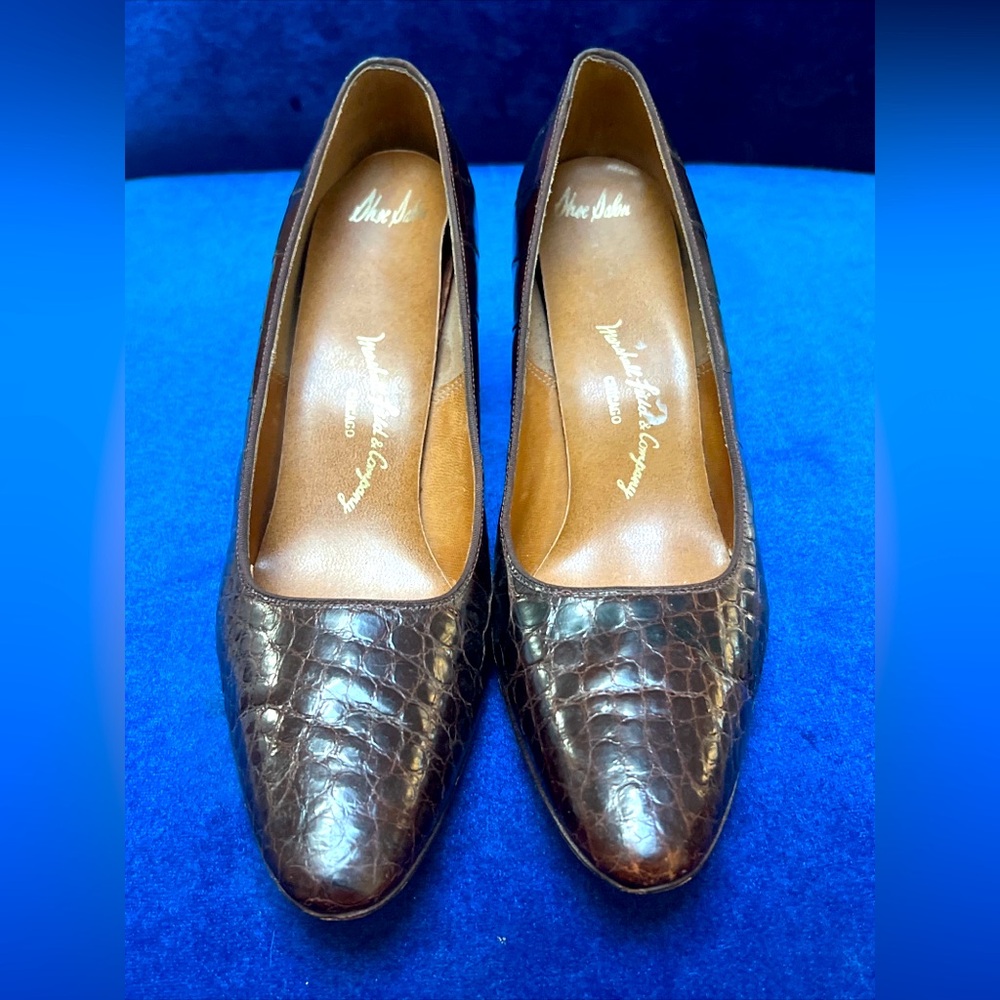 Marshall Fields Chicago Brown Croco Leather Slim Heels Shoes 36.5/ 6.5 Italy VTG